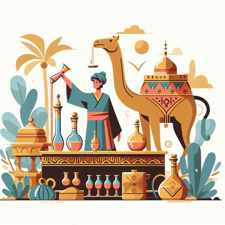 Vector illustration of Muslim man with camel, palm tree and bottle of wine.のイラスト素材