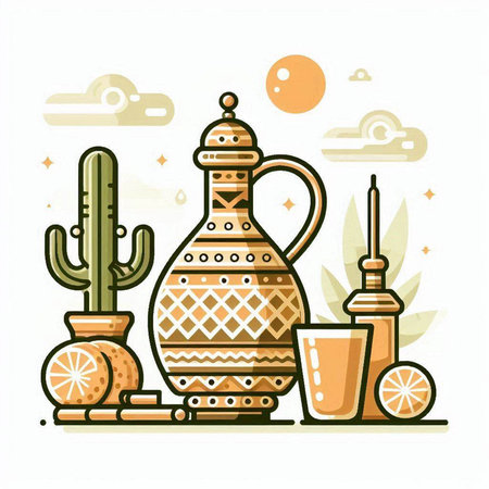 Vector illustration with egyptian jug, cactus, teapot, lemon.のイラスト素材