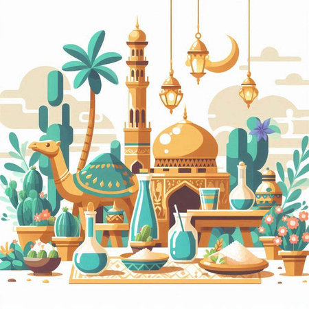 Vector illustration of eid mubarak greeting card with mosque, cacti, moon, palm tree, lanterns and cactiのイラスト素材