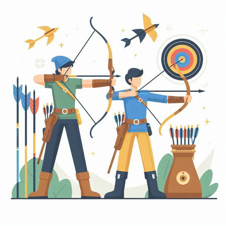 Archery flat vector illustration. Cartoon man with bow and arrow in his hands.のイラスト素材