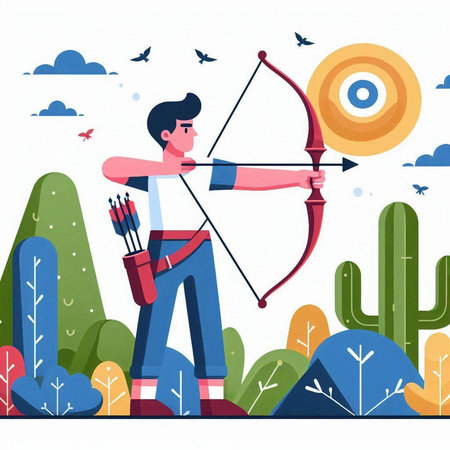 Archery sport vector illustration. Cartoon archer man with bow and arrow aiming at target.のイラスト素材