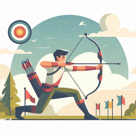 Archery sport vector illustration. Flat cartoon archer with bow and arrow.のイラスト素材