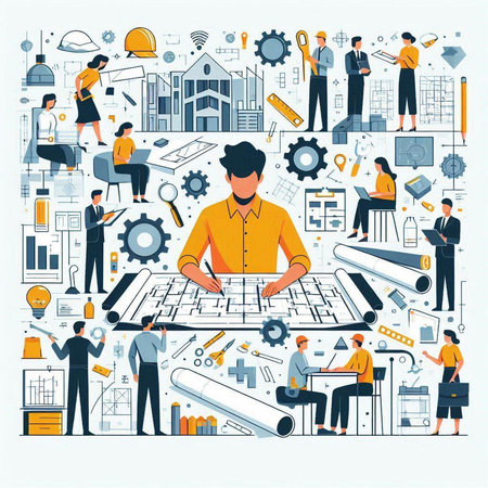 Architecture and construction concept. Vector flat design illustration with people and icons.のイラスト素材