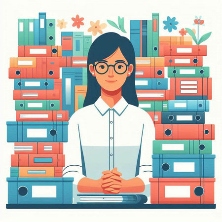 Flat design illustration of a woman sitting at the desk surrounded by folders.のイラスト素材