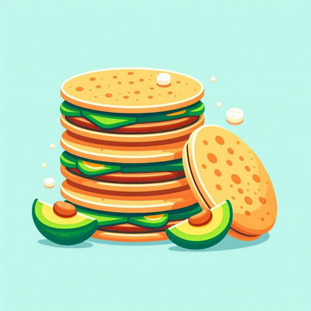 Illustration of a stack of pancakes with avocado. Vector illustration.のイラスト素材