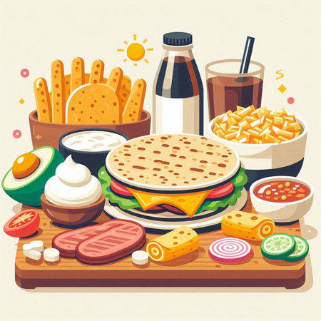 Fast food vector illustration. Hamburger, pizza, fries, colannaise, cheese, cucumber, onion, tomato, cucumber, french fries.のイラスト素材