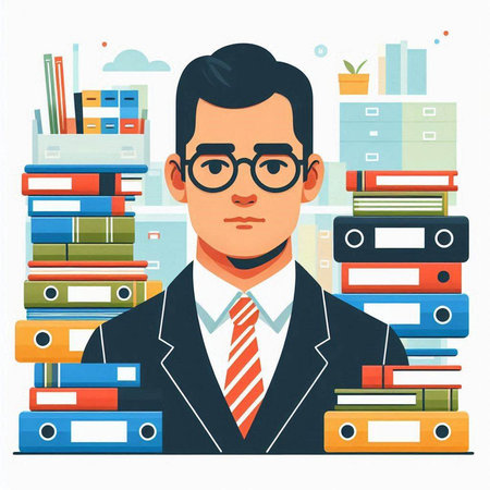 Businessman surrounded by a lot of folders. Vector flat illustration.のイラスト素材