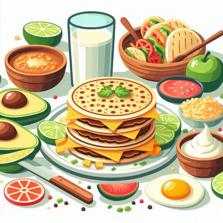 Illustration of a set of traditional mexican food on a white backgroundのイラスト素材