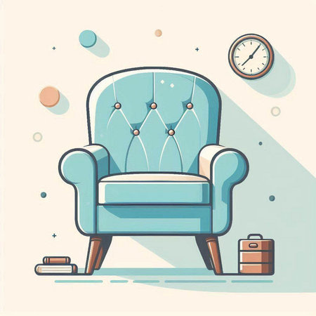 Vector illustration of a blue armchair in the living room with a clock.のイラスト素材