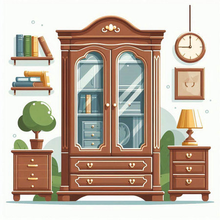 Illustration of a cupboard with books and lamps on a white backgroundのイラスト素材