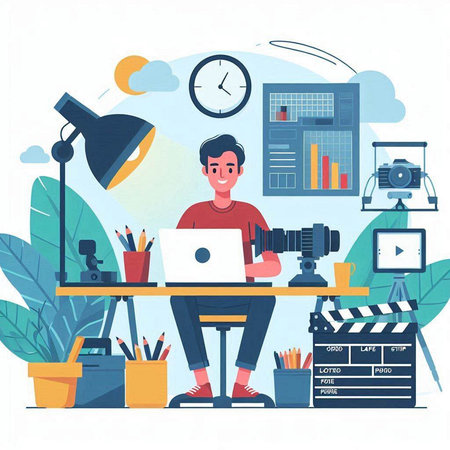 Blogger or vlogger working at home with camera and laptop. Flat vector illustration.のイラスト素材