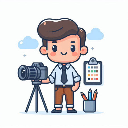 Cute photographer with camera and equipment. Vector illustration in cartoon style.のイラスト素材