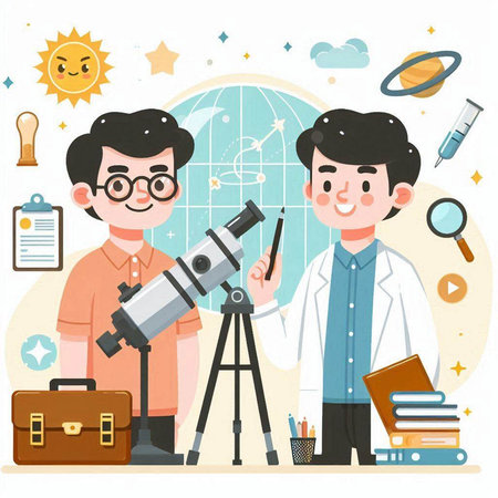 Scientist and student with a telescope in the laboratory. Vector illustrationのイラスト素材