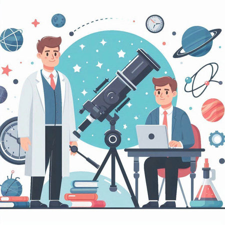 Scientist and scientist working with microscope. Vector illustration in flat styleのイラスト素材
