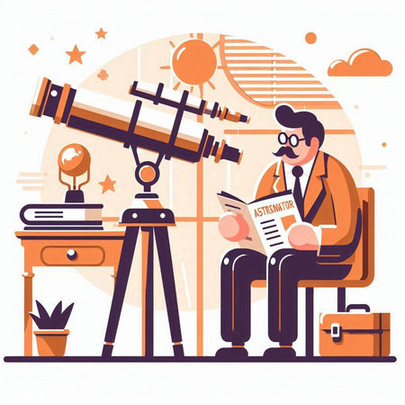 Businessman sitting at desk and looking through telescope. Vector flat illustrationのイラスト素材