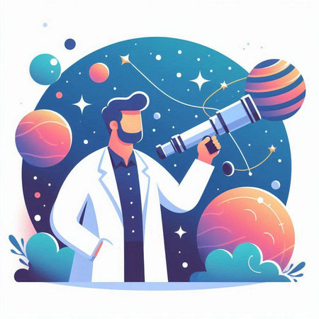 Astronaut looking through telescope in space. Vector illustration in flat styleのイラスト素材