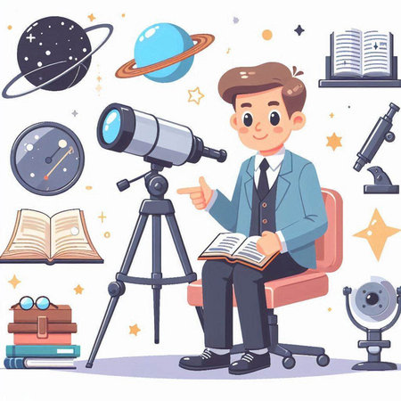 Vector illustration of a boy in a suit sitting in an office chair with a telescope.のイラスト素材
