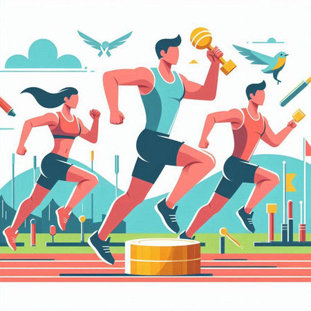 Athletics competition. Man and woman running on track. Vector illustrationのイラスト素材