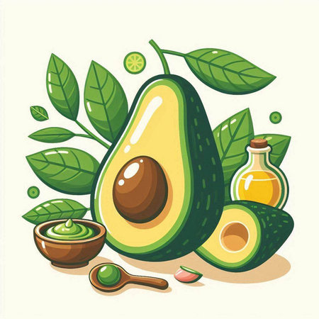 Avocado and avocado oil on a white background. Vector illustration.のイラスト素材