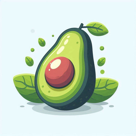 Avocado with leaves isolated on white background. Vector cartoon illustration.のイラスト素材