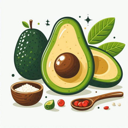 Avocado, guacamole and ingredients. Vector illustration.のイラスト素材