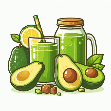 Avocado smoothie in a glass jar and fresh avocados. Vector illustration.のイラスト素材