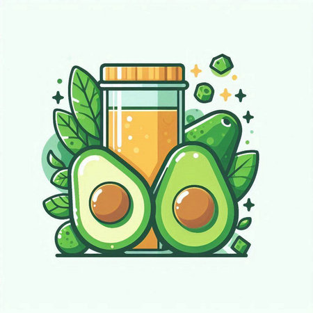 Avocado smoothie in a jar with slices of avocado and leaves. Vector illustration.のイラスト素材