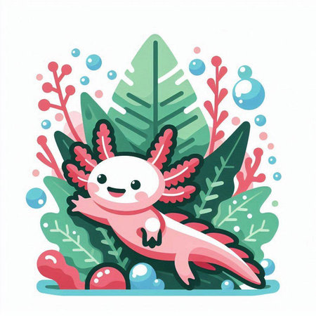 Cute pink lizard with leaves and bubbles. Vector illustration in cartoon style.のイラスト素材
