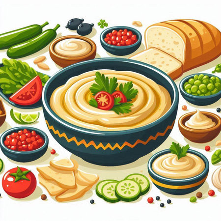 Bowl of hummus with vegetables and spices. Vector illustration.のイラスト素材