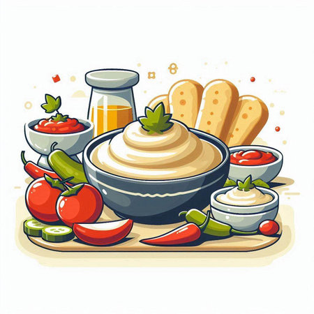 Illustration of a bowl of hummus with different sauces. Vector illustration.のイラスト素材