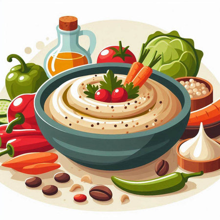 Illustration of a bowl of hummus with vegetables and olive oilのイラスト素材