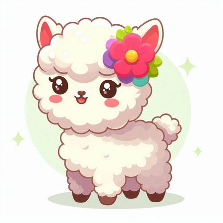 Cute cartoon alpaca with flowers in her hair. Vector illustration.のイラスト素材
