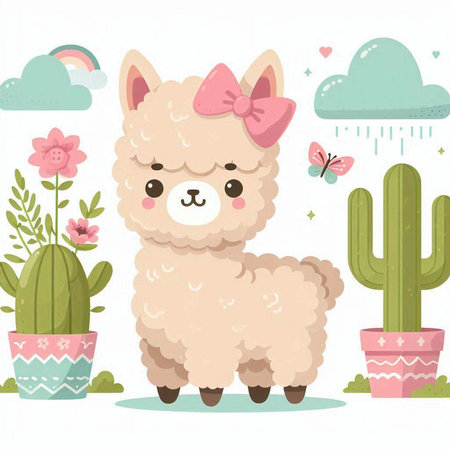 cute alpaca with flowers and butterflies character vector illustration designのイラスト素材