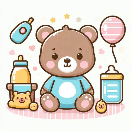 Cute teddy bear with baby bottle and pacifier. Vector illustration.のイラスト素材