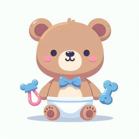 Cute baby teddy bear in diaper with pacifier. Vector illustration.のイラスト素材