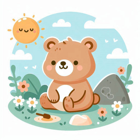 Cute teddy bear sitting on the grass. Vector illustration.のイラスト素材