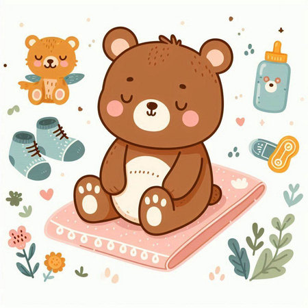 Cute bear sitting on a pillow. Vector illustration in cartoon style.のイラスト素材