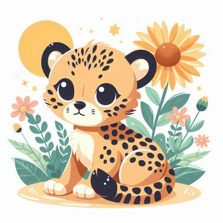 Cute baby cheetah with sunflower. Vector illustration.のイラスト素材