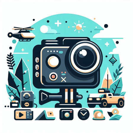Vector illustration of retro camera on the background of nature. Flat style.のイラスト素材