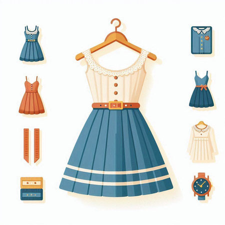 Women's clothing and accessories. Set of clothes. Vector illustration.のイラスト素材