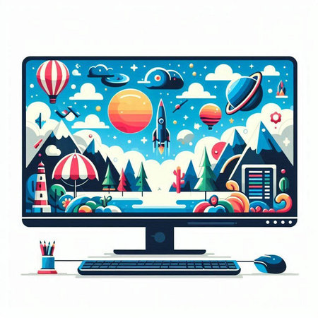 Rocket, spaceship, planet, rocket, clouds, stars, trees and other elements on a computer screen. Vector illustration.のイラスト素材