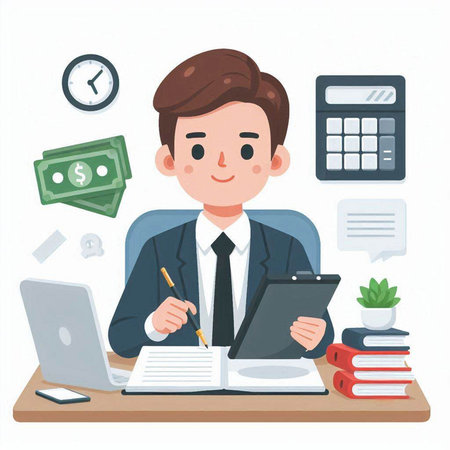 Businessman working at office desk. Vector illustration in cartoon style.のイラスト素材
