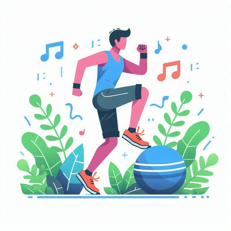 Vector illustration of a young man running with fitness ball and music notes in the backgroundのイラスト素材