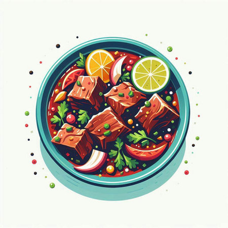 Traditional mexican food vector illustration. Steak with vegetables and lime.のイラスト素材
