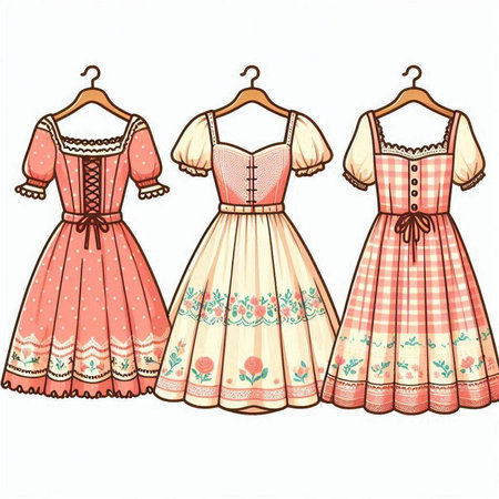 Illustration of three dresses on a hanger isolated on white backgroundのイラスト素材