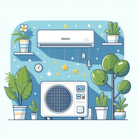 Air conditioner and plants in pots. Flat style vector illustration.のイラスト素材