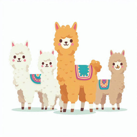 Llama and alpaca. Cute cartoon llama family. Vector illustrationのイラスト素材