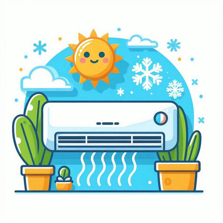 Air conditioner, sun, snowflakes and plants. Vector illustrationのイラスト素材