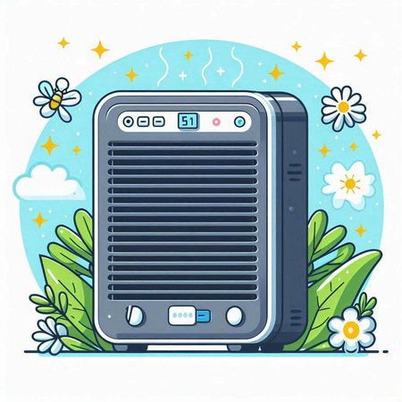 Vector illustration of a retro radio on a background of flowers and leavesのイラスト素材