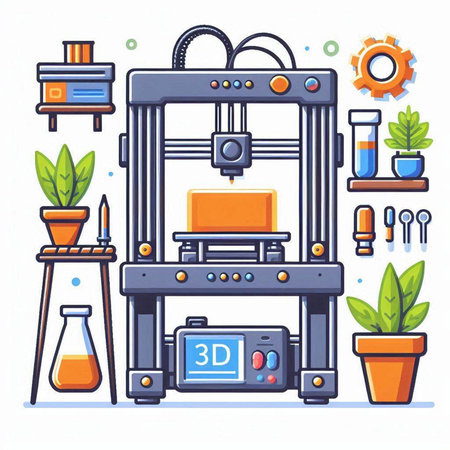 3d printer in cartoon style on white background. Vector illustration.のイラスト素材